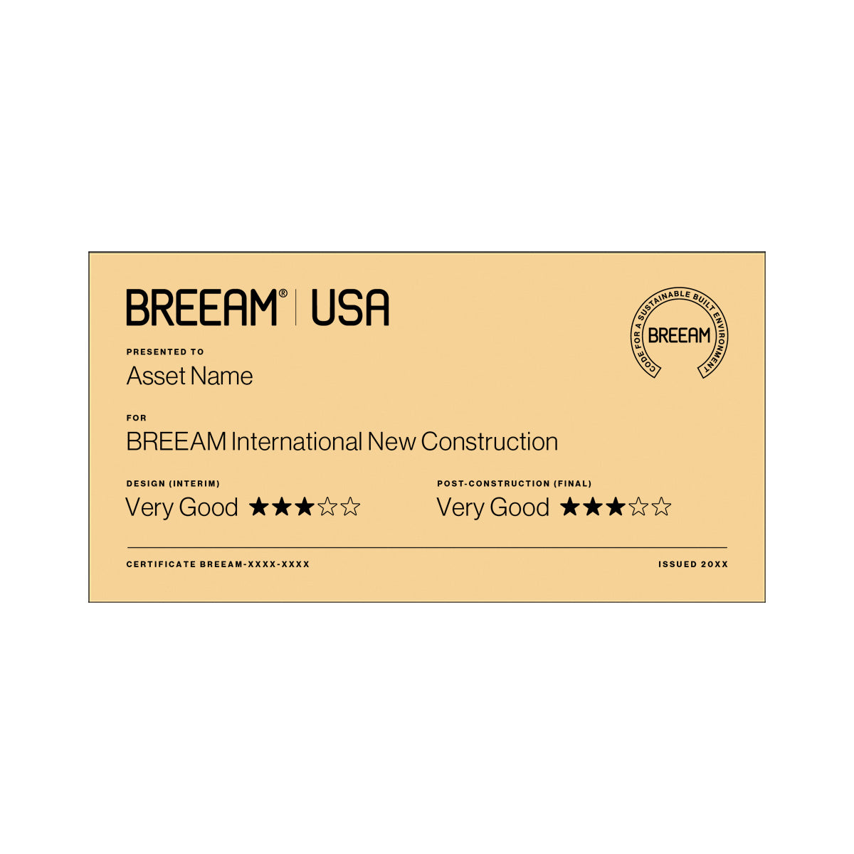 BREEAM USA New Construction 3 Star certification plaque in Richlite Gold/Black, small size