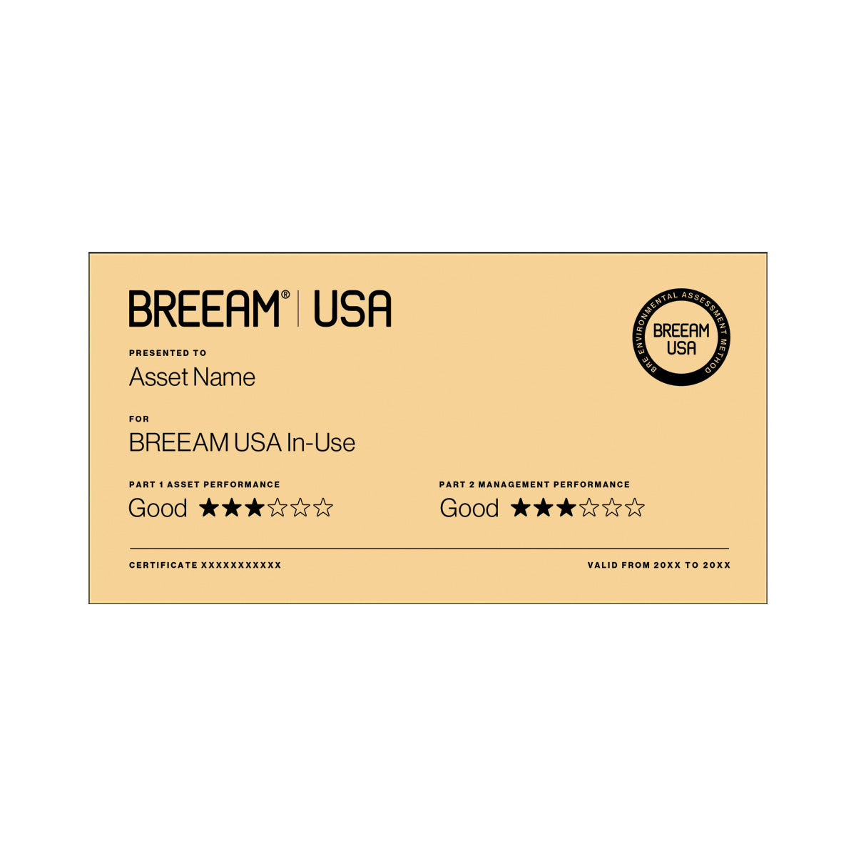 BREEAM USA In-use 3 Star certification plaque in Richlite Gold/Black, small size
