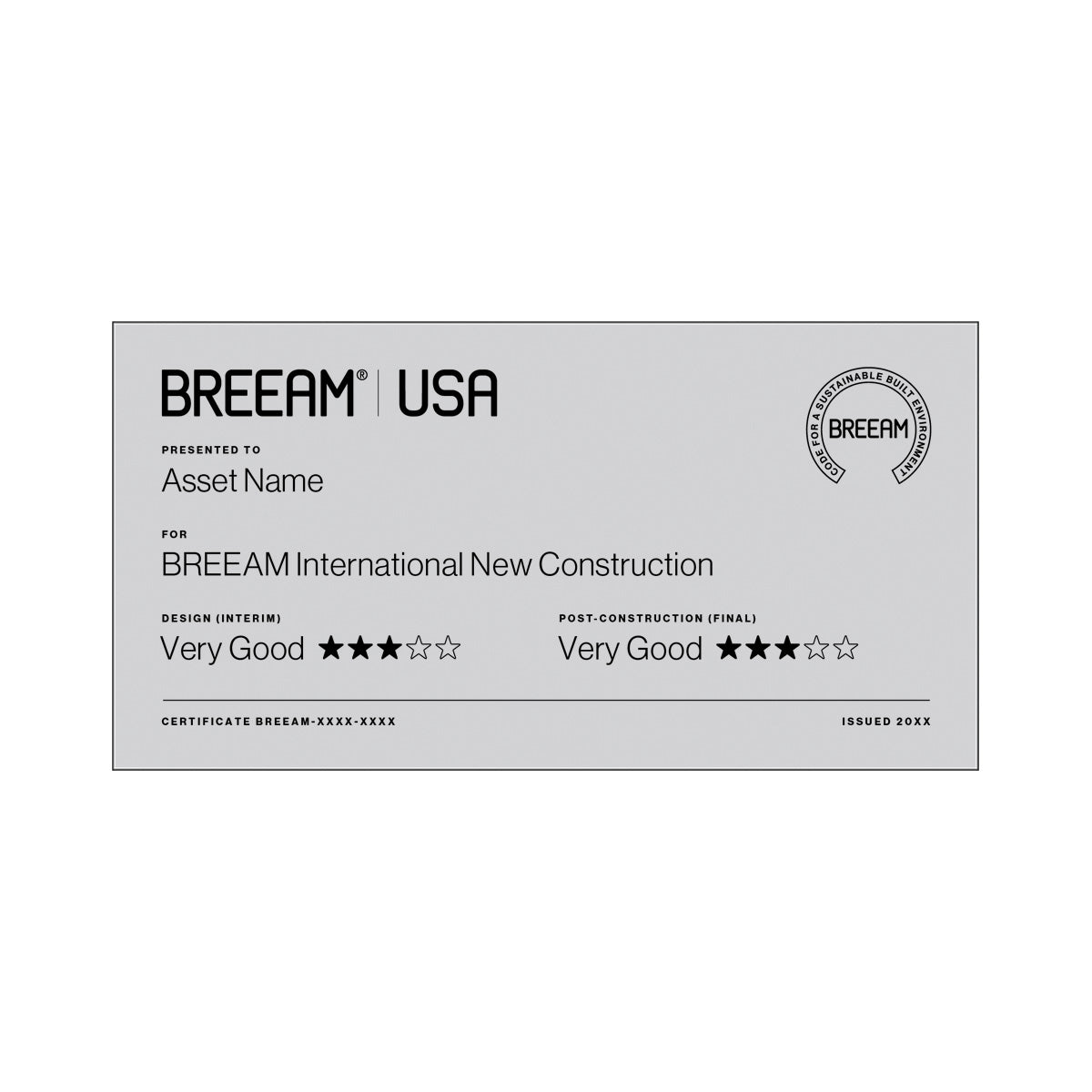 BREEAM USA New Construction 3 Star certification plaque in Richlite Silver/Black, small size