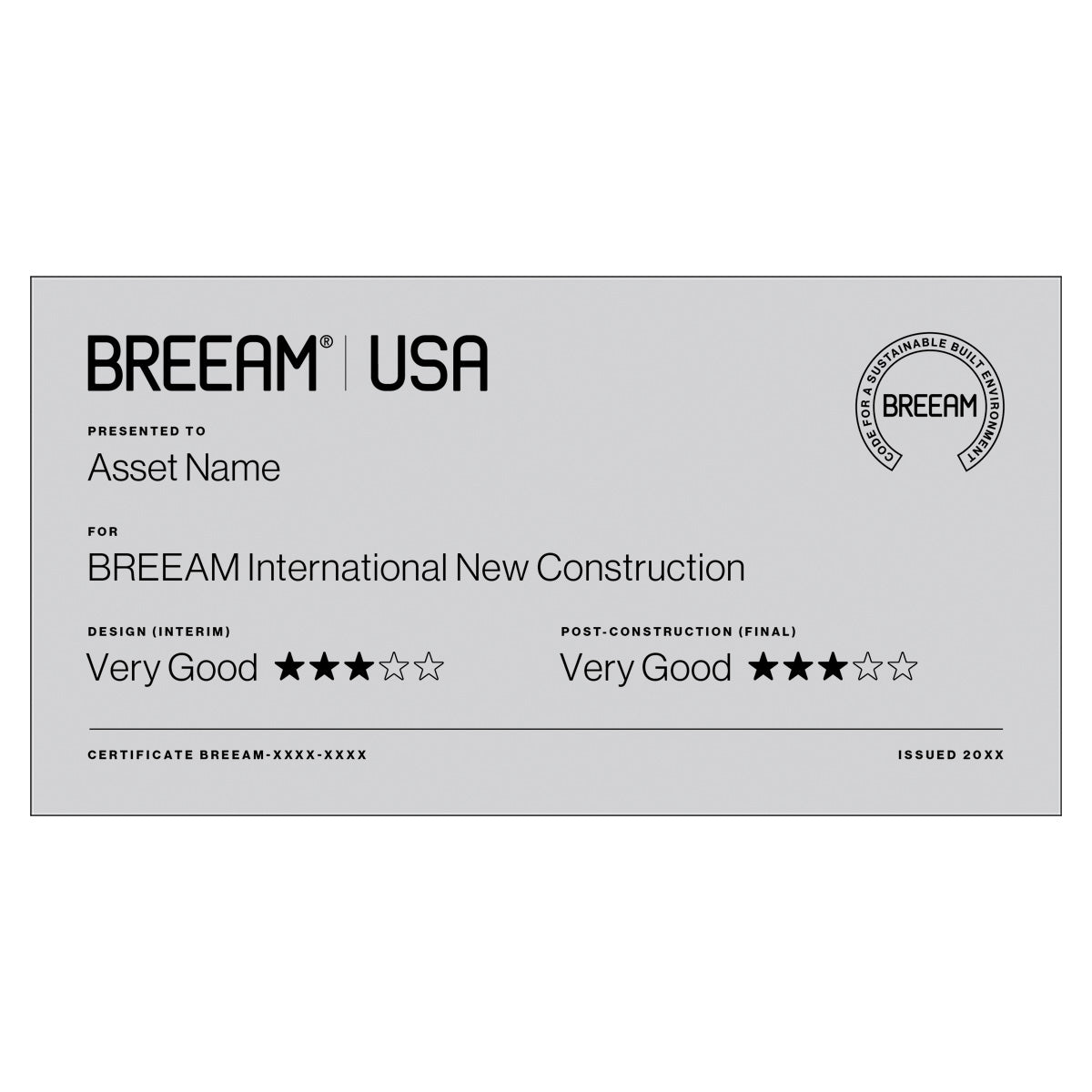 BREEAM USA New Construction 3 Star certification plaque in Richlite Silver/Black, large size