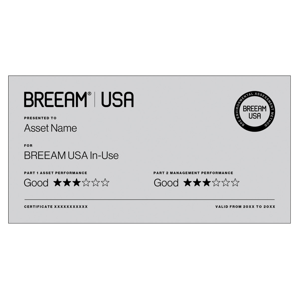 BREEAM USA In-use 3 Star certification plaque in Richlite Silver/Black, large size