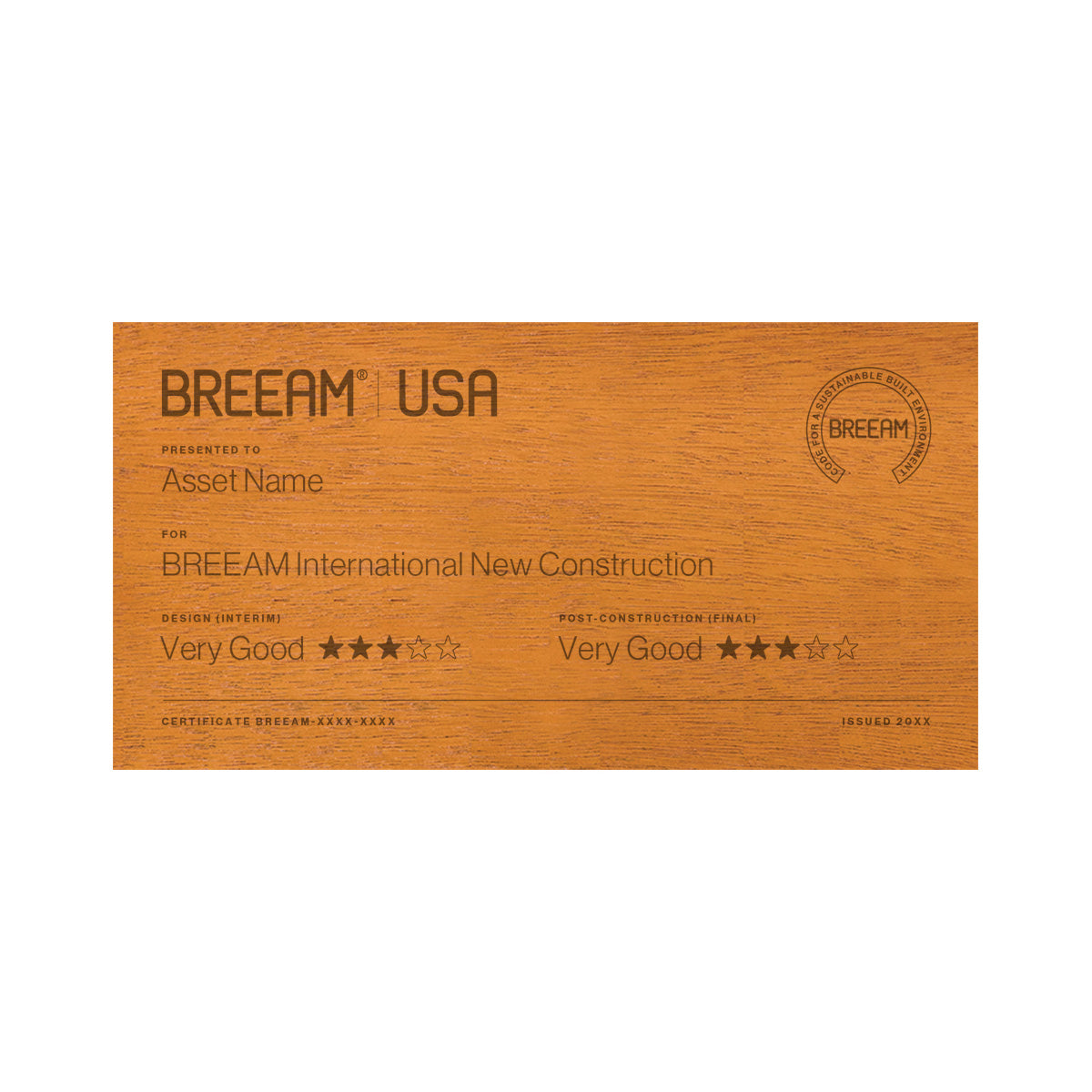 BREEAM USA New Construction 3 Star certification plaque in Laser Mahogany, small size
