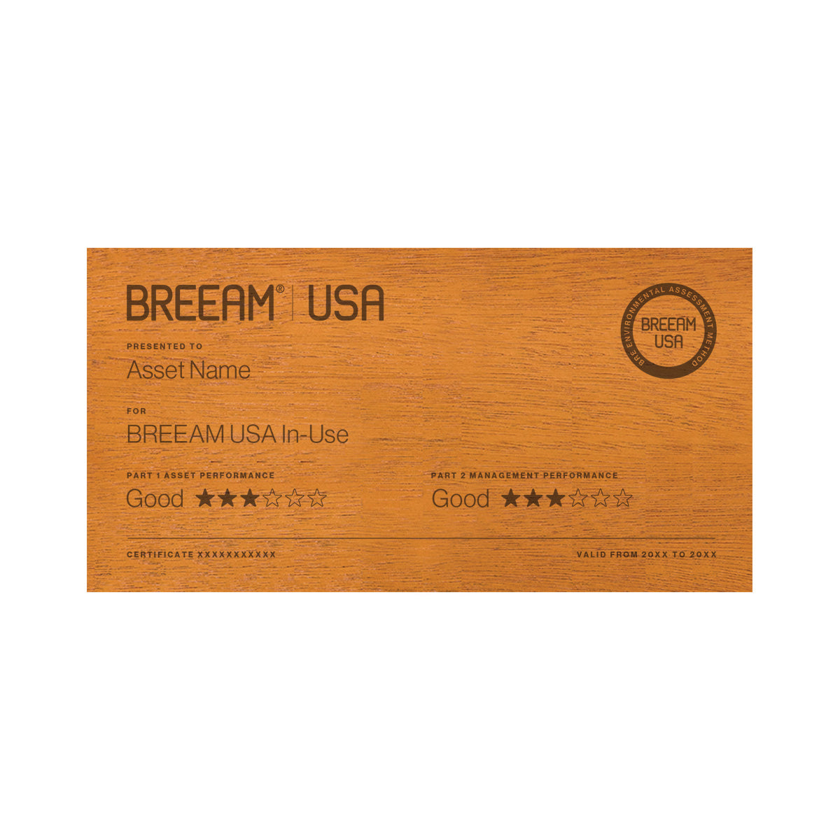 BREEAM USA In-use 3 Star certification plaque in Laser Mahogany, small size
