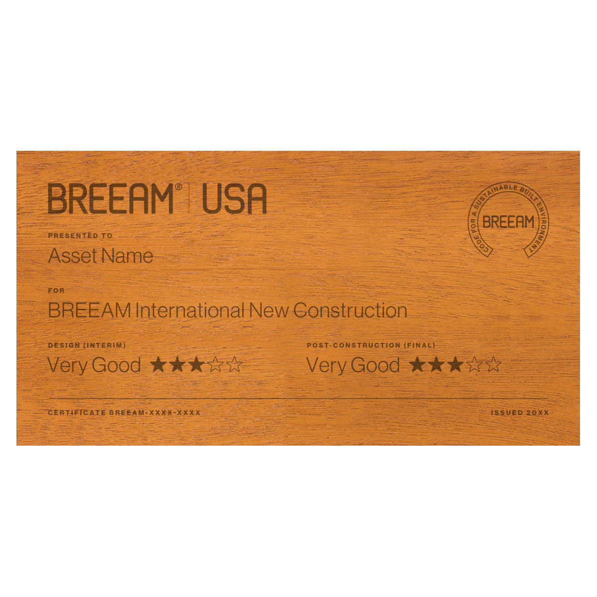 BREEAM USA New Construction 3 Star certification plaque in Laser Mahogany, large size
