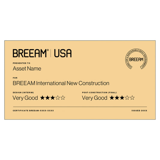 BREEAM USA New Construction 3 Star certification plaque in Richlite Gold/Black, large size
